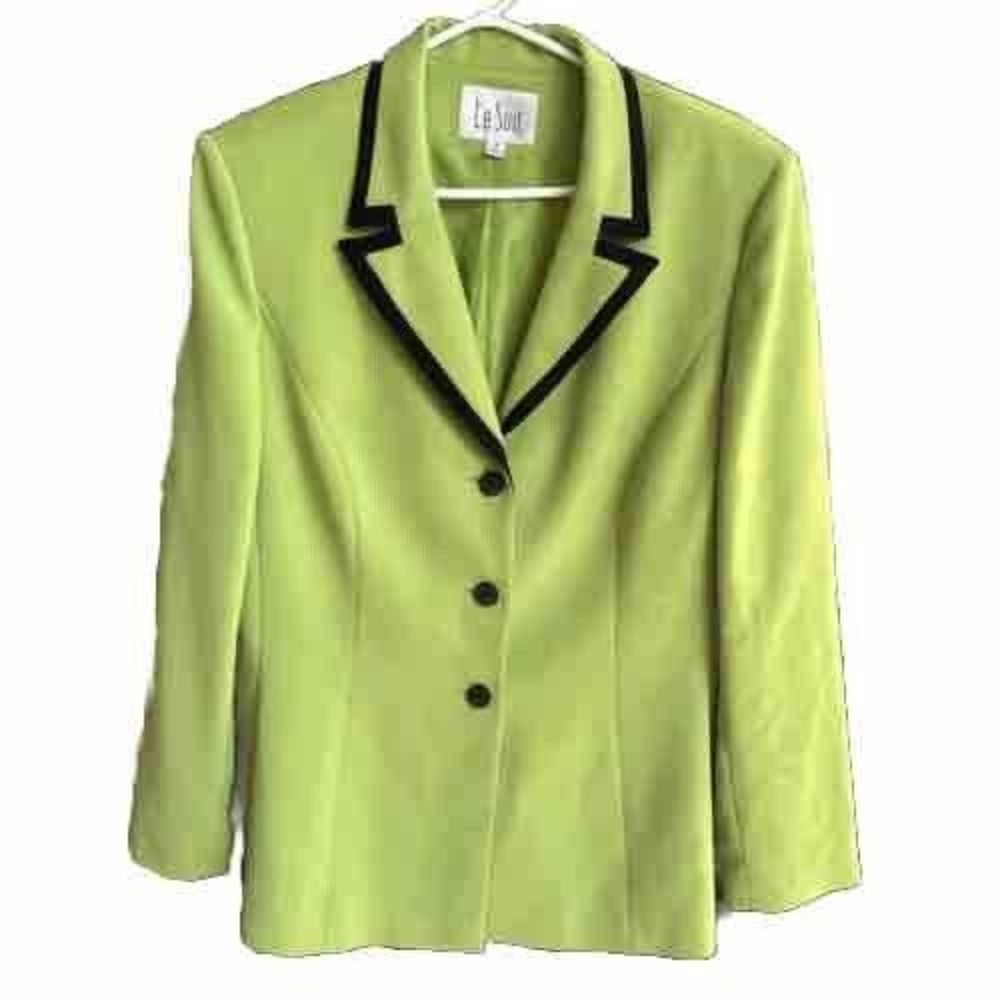Le Suit Separates Green Black Trim Blazer Jacket Size 16 Office Career Classic